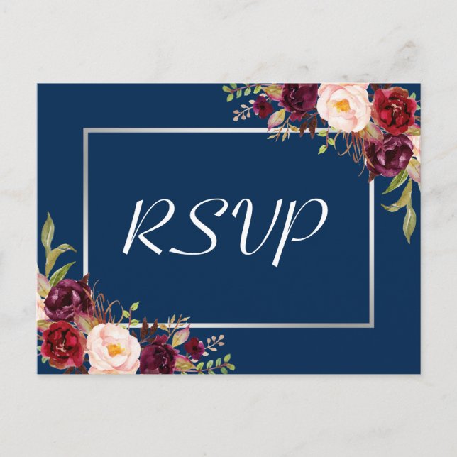 Invitation Carte Postale Burgundy Floral Silver Grey Marine Blue Wedding RS (Devant)