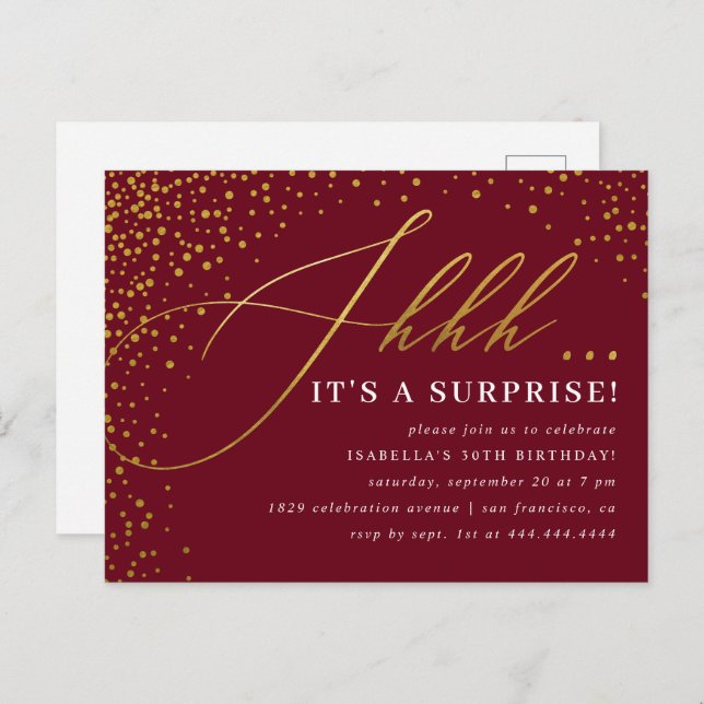 Invitation Carte Postale Burgundy & Gold Confetti Script Surprise Party (Devant / Derrière)