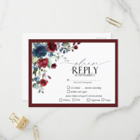Burgundy Navy Blue Floral Aquarelle Script RSVP