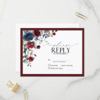 Burgundy Navy Blue Floral Aquarelle Script RSVP