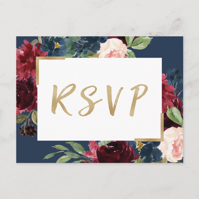 Invitation Carte Postale Burgundy Rouge Blush Floral Navy Blue Wedding RSVP (Devant)