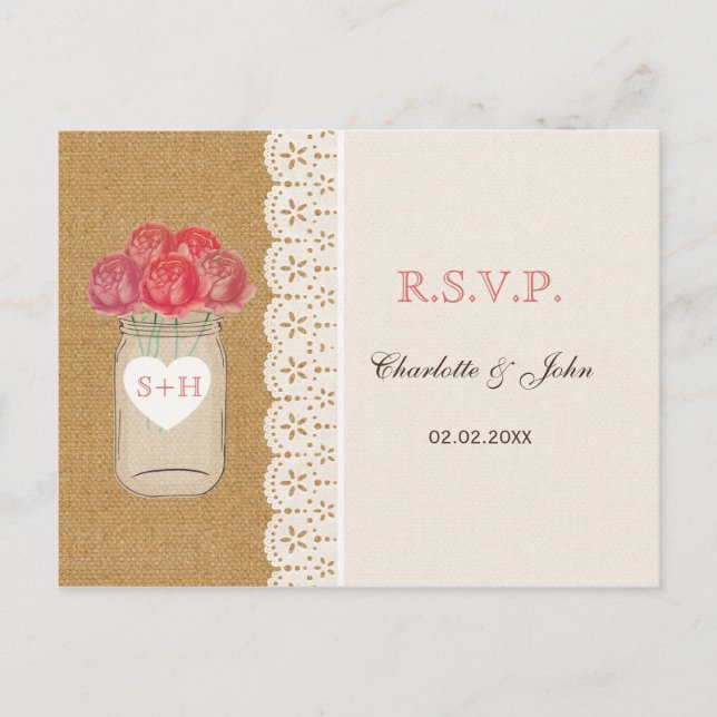 Invitation Carte Postale burlap, roses coralliens dans mariage de bocal de  (Devant)