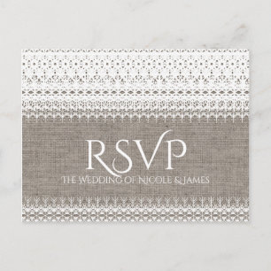 Invitation Carte Postale Burlap rustique et mariage élégant en dentelle RSV
