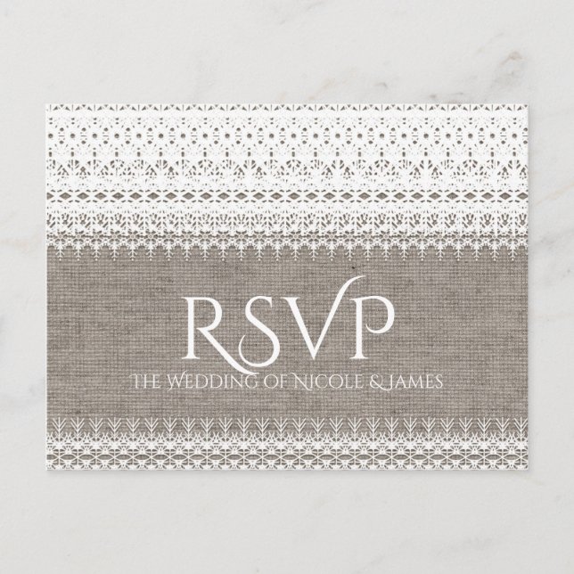 Invitation Carte Postale Burlap rustique et mariage élégant en dentelle RSV (Devant)