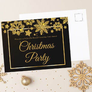 Invitation Carte Postale Business Christmas Party Black Gold Snowflake