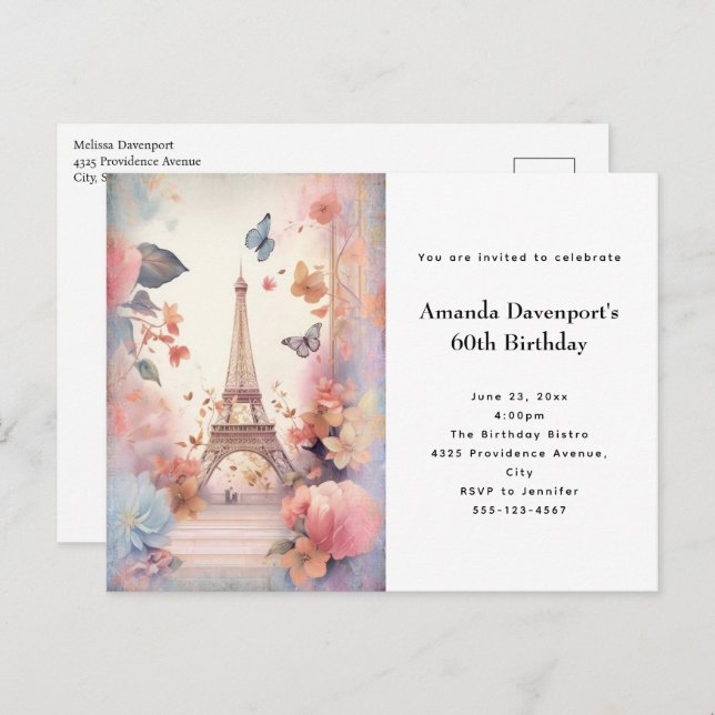 Invitation Carte Postale Butterflies et fleurs de la Tour Eiffel Anniversai (Devant / Derrière)