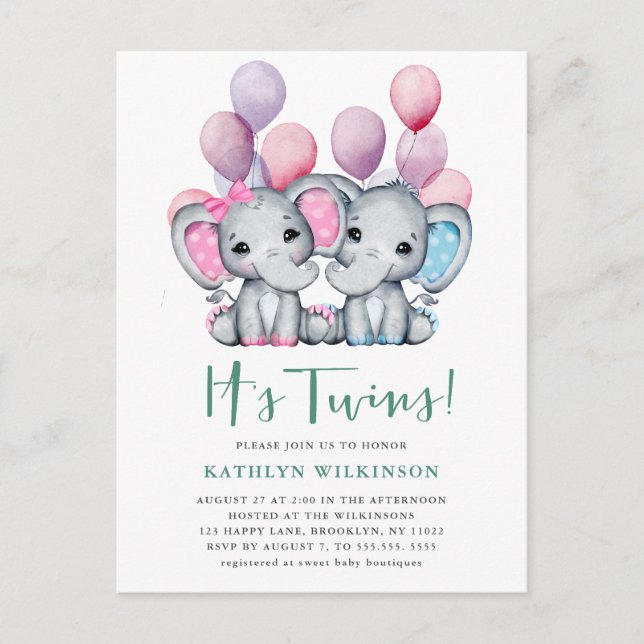 Invitation Carte Postale C’est Twins Boy Girl Elephant Balloon Baby shower (Devant)