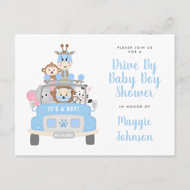 Invitation Carte Postale C’est un Baby shower Bleu Safari Animal Drive By (Devant)