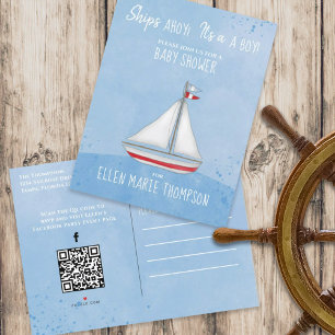 Invitation Carte Postale Cadeau de Baby Shower Bateau Arrivé Code QR Réseau