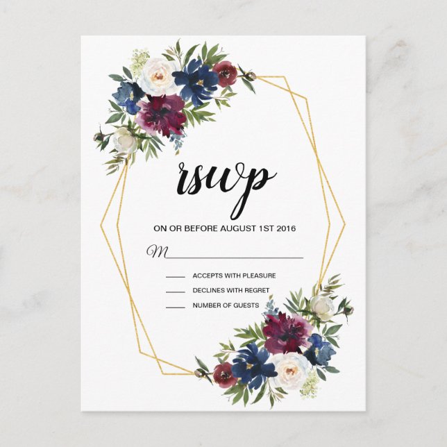 Invitation Carte Postale Cadre géométrique Bourgogne Mariage de fleurs de m (Devant)