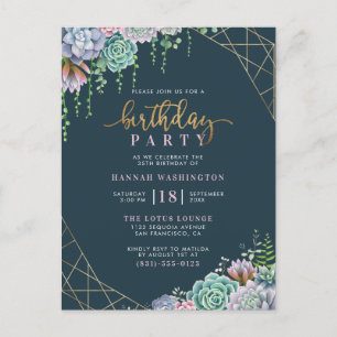 Invitation Carte Postale Cadre géométrique Or & Succulents Anniversaire