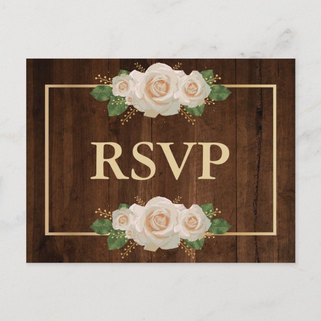 Invitation Carte Postale Cadre Rustique Bois Rose Blanc Or Rose | RSVP Repa (Devant)