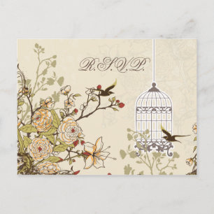 Invitation Carte Postale cage d'oiseau brun floral, inséparables RSVP
