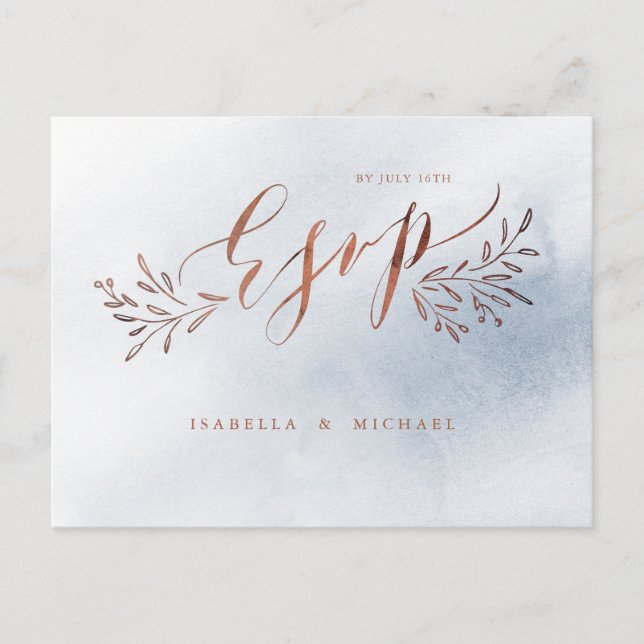 Invitation Carte Postale Calligraphie bleu outrepasse mariage floral rustiq (Devant)