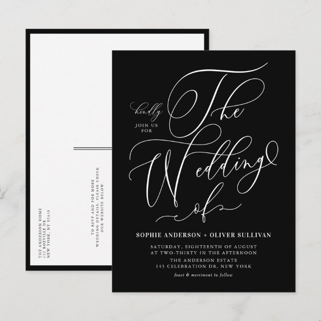 Invitation Carte Postale Calligraphie lunaire Mariage noir QR Code (Devant / Derrière)