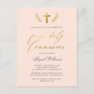 Invitation Carte Postale Calligraphie rose et or Blush Première Communion s