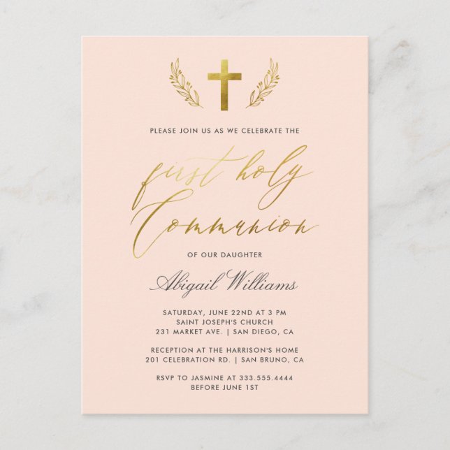 Invitation Carte Postale Calligraphie rose et or Blush Première Communion s (Devant)