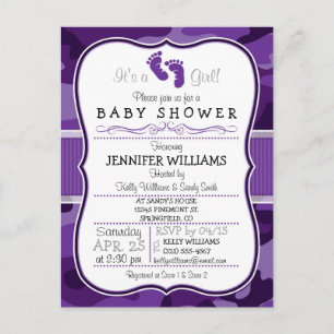 Invitation Carte Postale Camo violet violet, Baby shower Camouflage