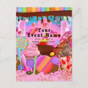 Invitation Carte Postale Candy Land Imaginaire fête Anniversaire Circulaire