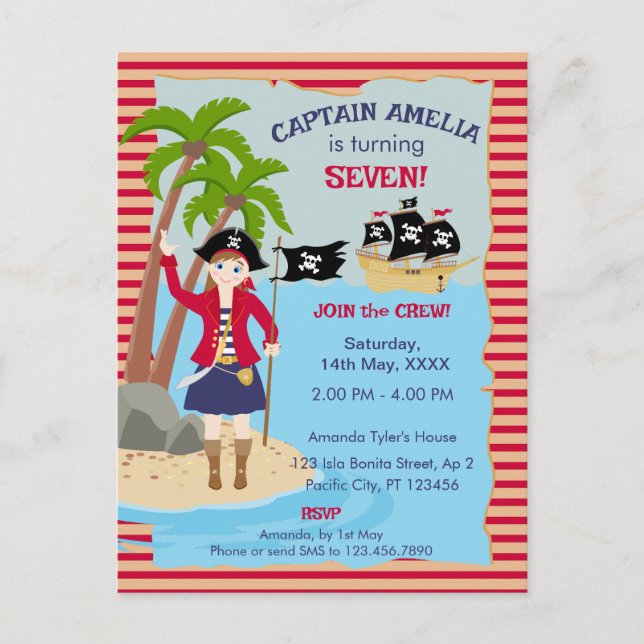 Invitation Carte Postale Capitaine de la fête d'anniversaire du navire pira (Devant)