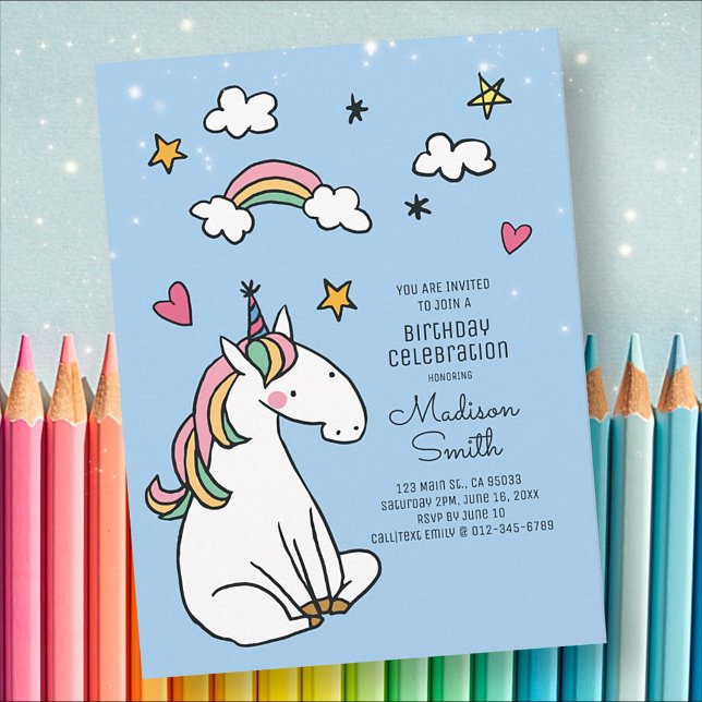 Invitation Carte Postale Carton d'invitation d'anniversaire Licorne Arc-en- (Créateur téléchargé)