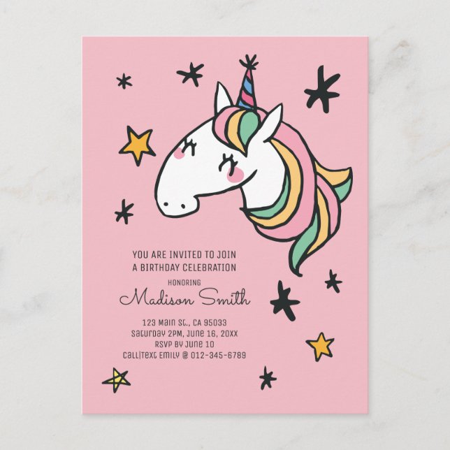 Invitation Carte Postale Carton d'invitation d'anniversaire licorne arc-en- (Devant)