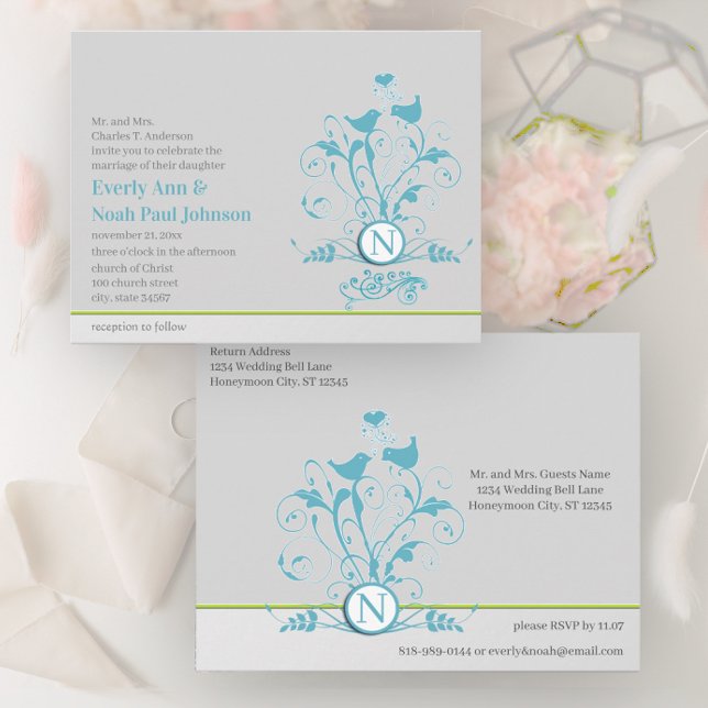 Invitation Carte Postale Carton d'invitation de mariage Oiseaux Cœurs Bleu  (Créateur téléchargé)