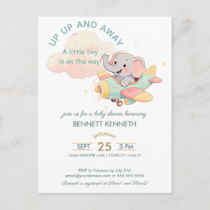 Invitation Carte Postale Carton d'invitation éléphant aéroplane garçon aqua