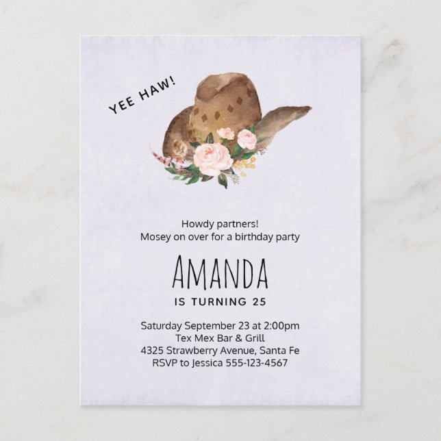 Invitation Carte Postale Casquette Brown Cowgirl aux fleurs roses Anniversa (Devant)