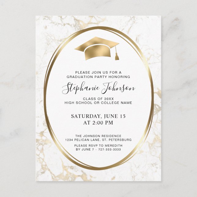Invitation Carte Postale Casquette et Tassel Gold Marble Party (Devant)