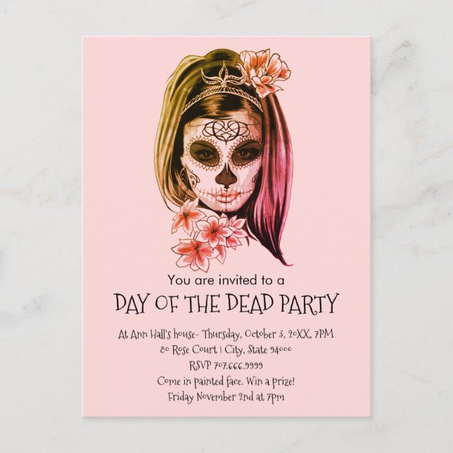 Invitation Carte Postale Catrina Peint Le Jour Du Visage Du Parti Mort (Devant)