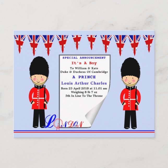 Invitation Carte Postale Célébration Royal Baby Prince Louis de Cambridge (Devant)