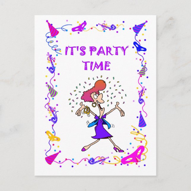 Invitation Carte Postale C'est l'heure de la fête, dame de fête (Devant)
