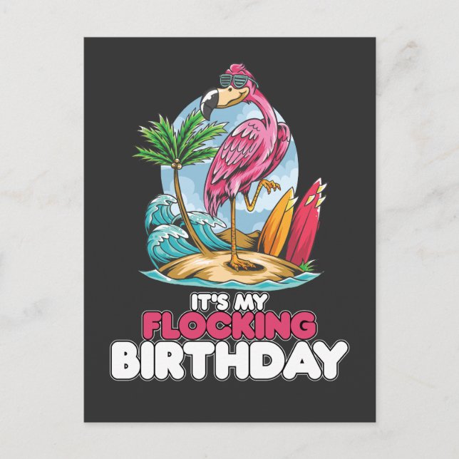Invitation Carte Postale C'est mon anniversaire de troupeau flamant rose (Devant)