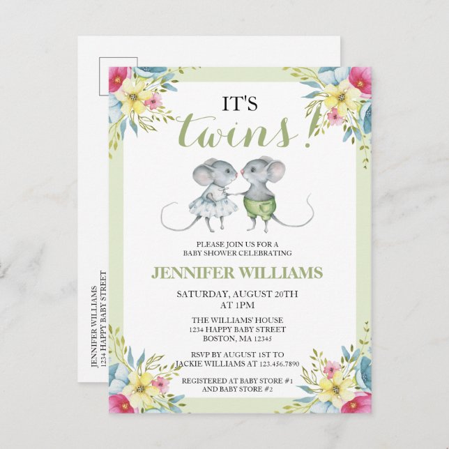Invitation Carte Postale C'est Twins Green Floral Boy & Girl Baby shower (Devant / Derrière)