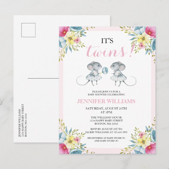 Invitation Carte Postale C'est Twins Rose Floral Girl Twins Baby shower (Devant / Derrière)