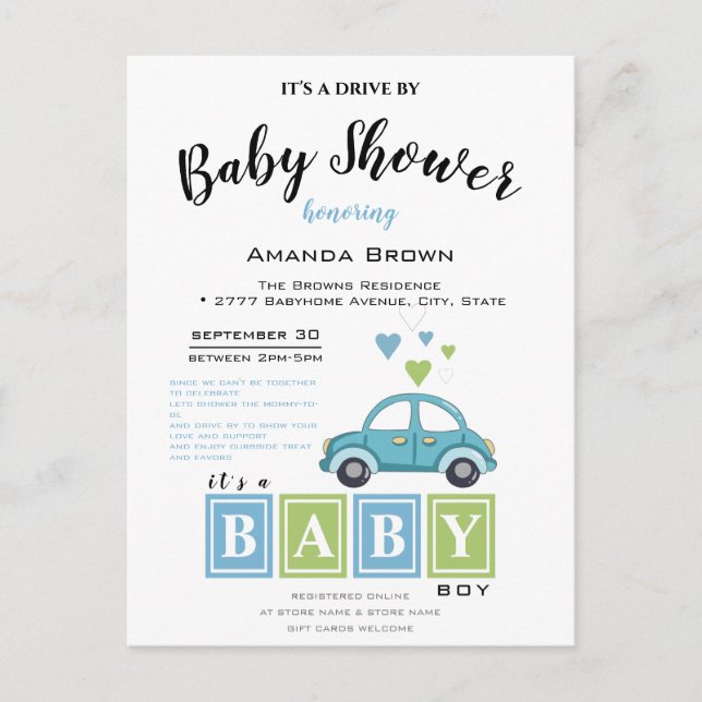 Invitation Carte Postale C'est un garçon, Baby shower Drive By (Devant)