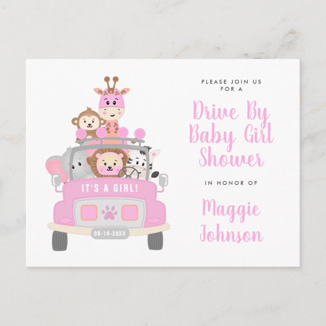 Invitation Carte Postale C'est une fille en voiture par Safari Baby shower  (Devant)