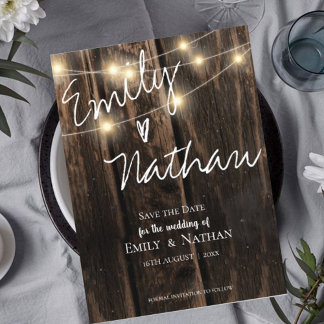 Invitation Carte Postale Chaîne Rustique Bois Éclairage Mariage Enregistrer