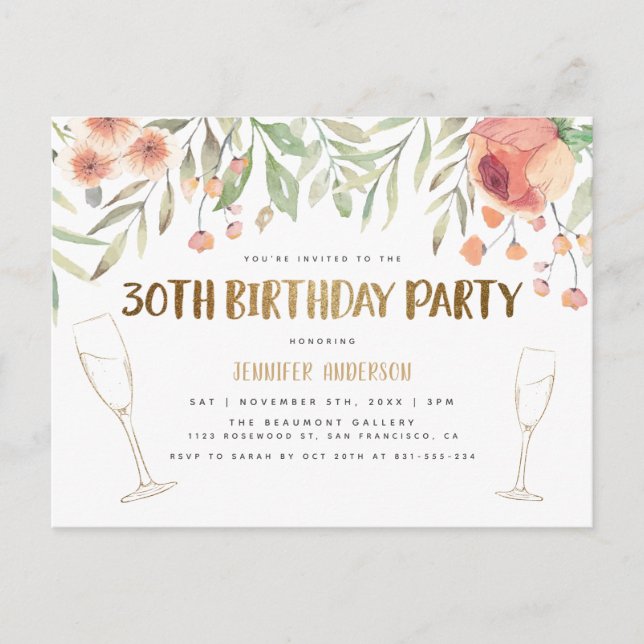 Invitation Carte Postale Champagne Blush & Gold Parties scintillant 30e ann (Devant)