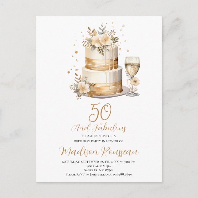 Invitation Carte Postale Champagne rose Gold Cake 50e anniversaire (Devant)