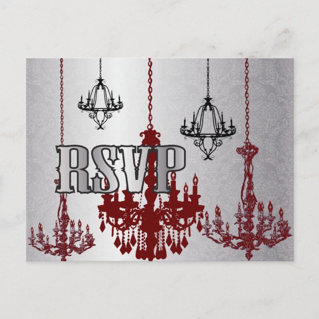 Invitation Carte Postale Chandelier noir Argent rouge RSVP PostCard (Devant)