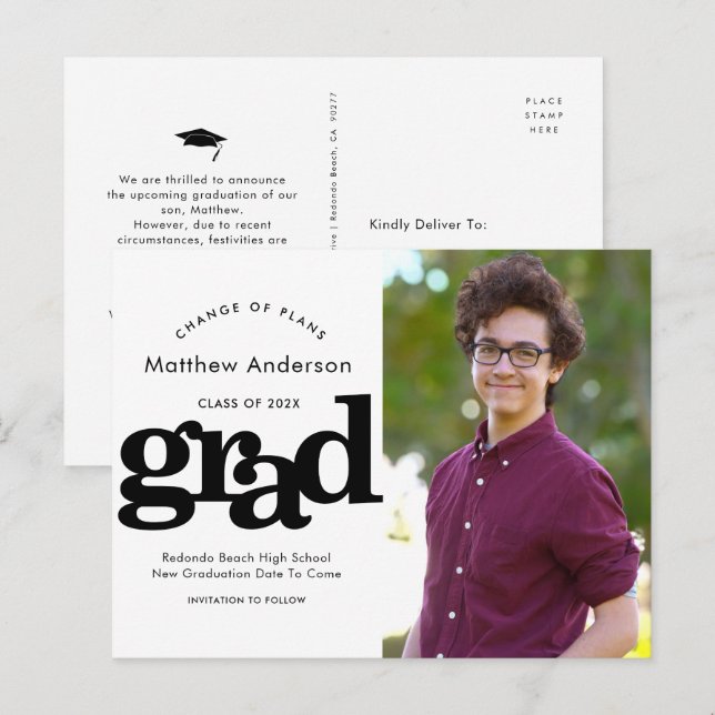 Invitation Carte Postale Changement de plan graduation noir gras typographi (Devant / Derrière)
