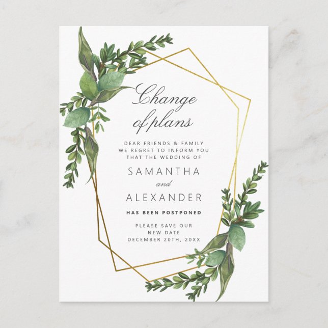 Invitation Carte Postale Changement de plans | Mariage à la botanique verte (Devant)