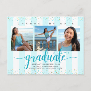 Invitation Carte Postale Changer la date de graduation photo chic turquoise