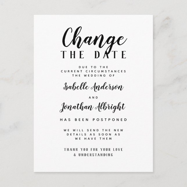Invitation Carte Postale Changer la date Mariage reporté Noir & Blanc (Devant)