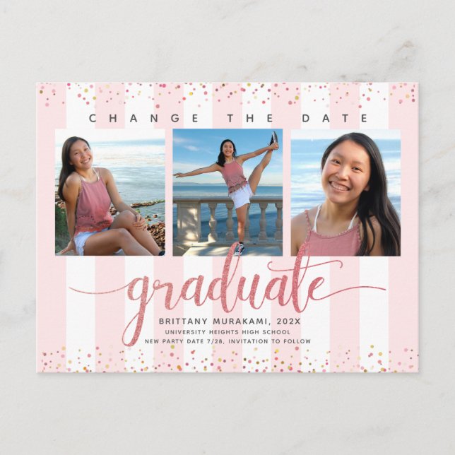 Invitation Carte Postale Changer la date rose or script graduation photo ch (Devant)