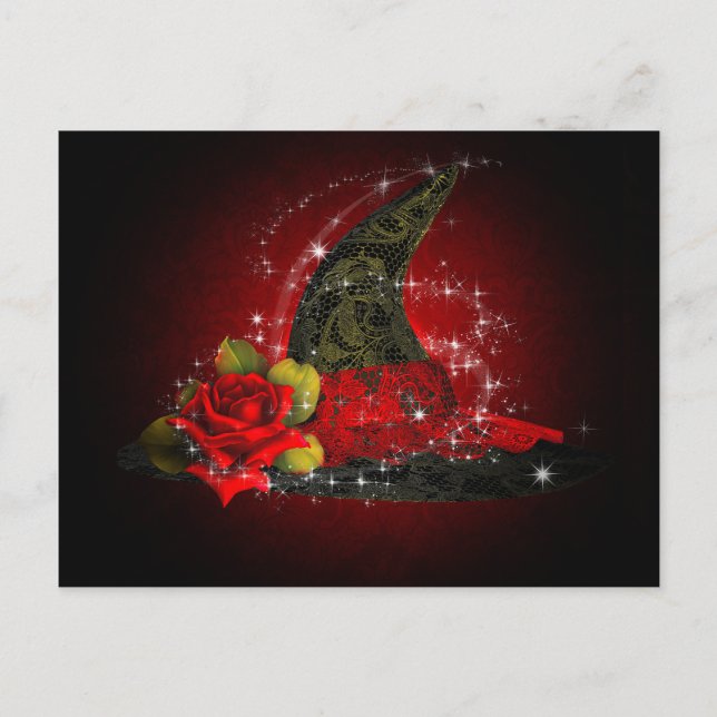 Invitation Carte Postale Chapeau de sorcière Glam Lacy noir et rouge à pail (Devant)