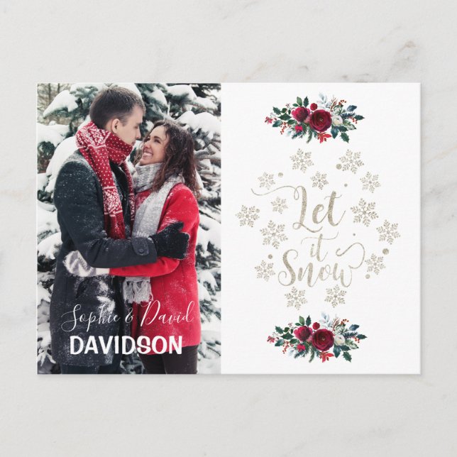 Invitation Carte Postale Charme Fleurs Rouges Pine Photo Holiday Let It Sno (Devant)