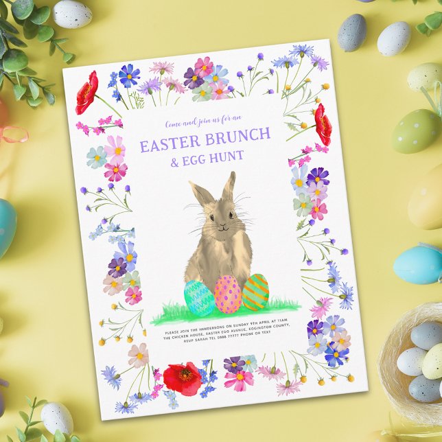 Invitation Carte Postale Chasse aux oeufs de lapin de Pâques et Brunch Flor (Easter egg hunt spring brunch cute bunny watercolor wildflower floral garden party invitation budget)
